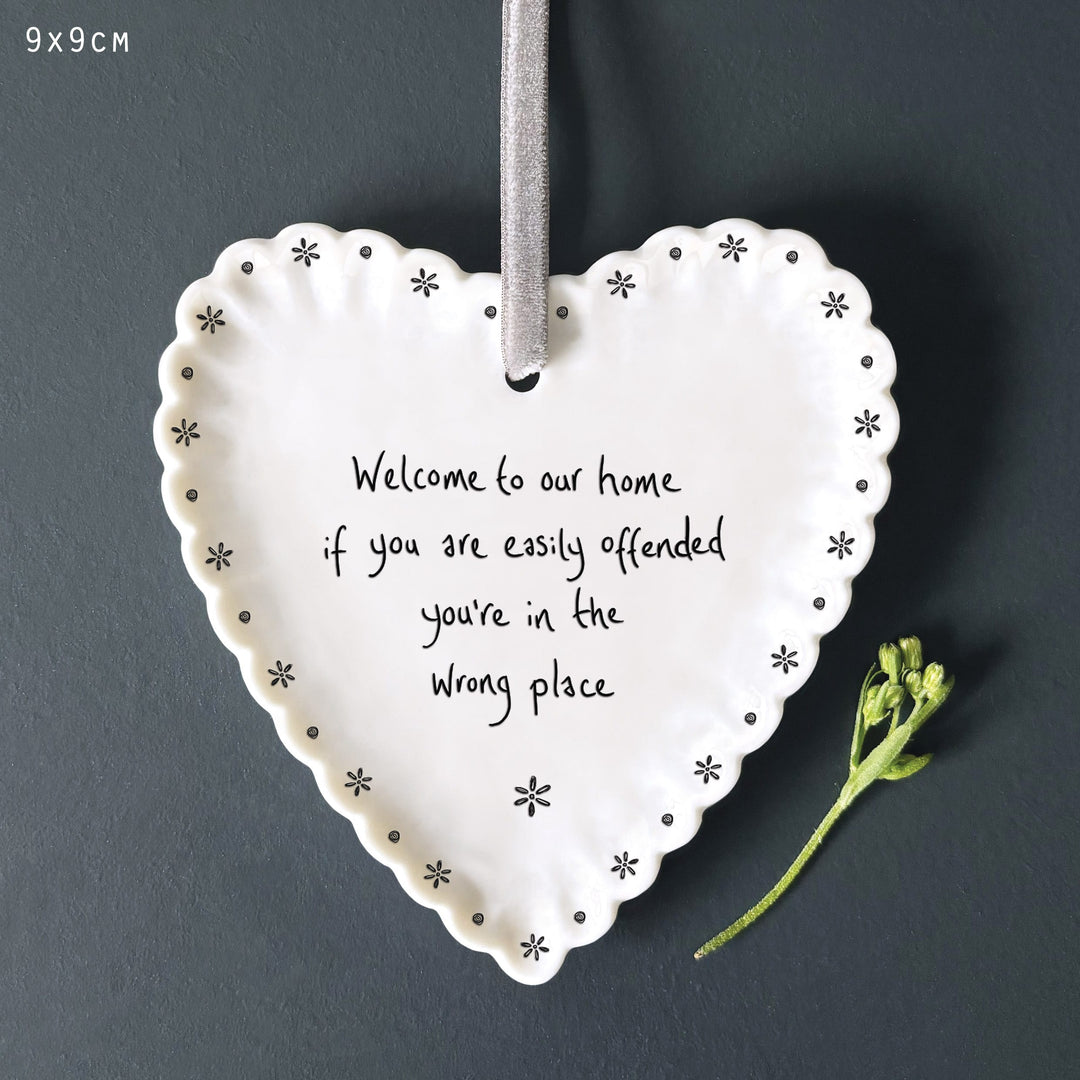 Porcelain Hanging Heart, Welcome to Offended Home | East of India Hanging Decoration East of India Porcelain Scallop Hanging Heart - Welcome to Offended Home