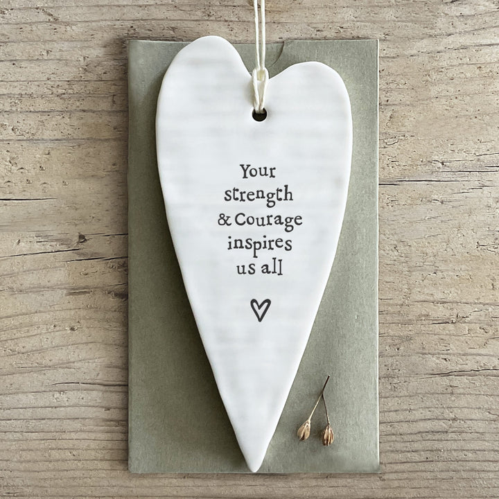 Porcelain Long Hanging Heart, Your Strength &amp; Courage | East of India Hanging Decoration East of India Porcelain Long Hanging Heart - Your Strength &amp; Courage
