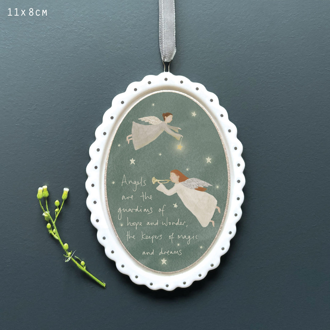 Porcelain Oval Angel Hanging Decoration | East of India Hanging Decoration East of India Porcelain Scallop Oval Hanging Decoration - Angels the Guardians Hopes &amp; Dreams