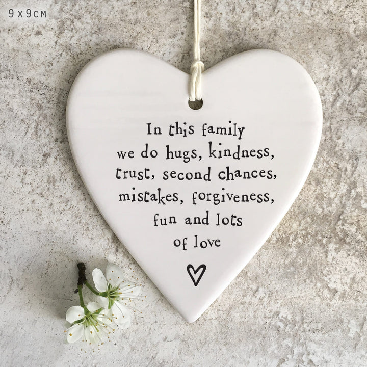 Porcelain Round Hanging Heart, In This Family | East of India Hanging Decoration East of India Porcelain Round Hanging Heart - In This Family