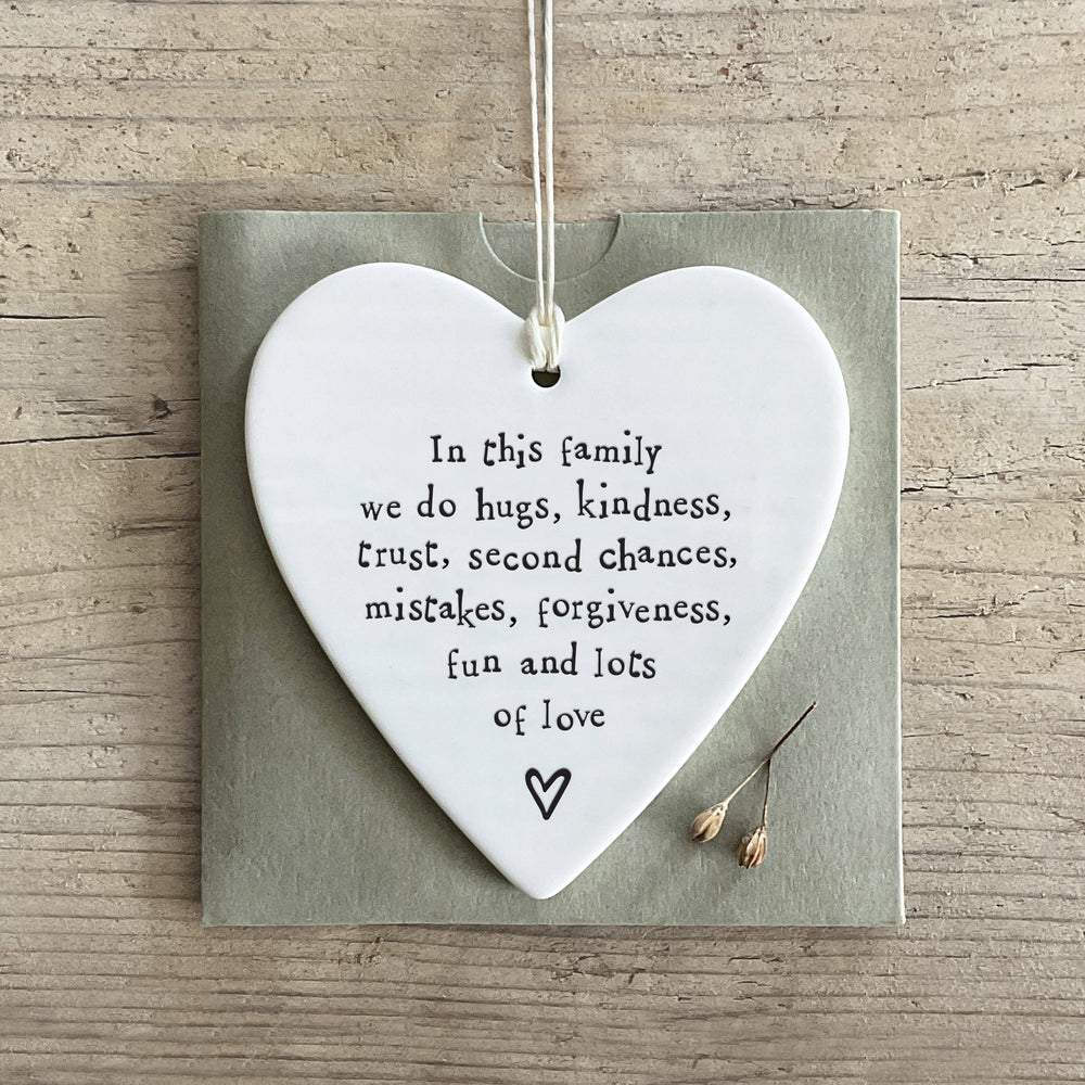 Porcelain Round Hanging Heart, In This Family | East of India Hanging Decoration East of India Porcelain Round Hanging Heart - In This Family