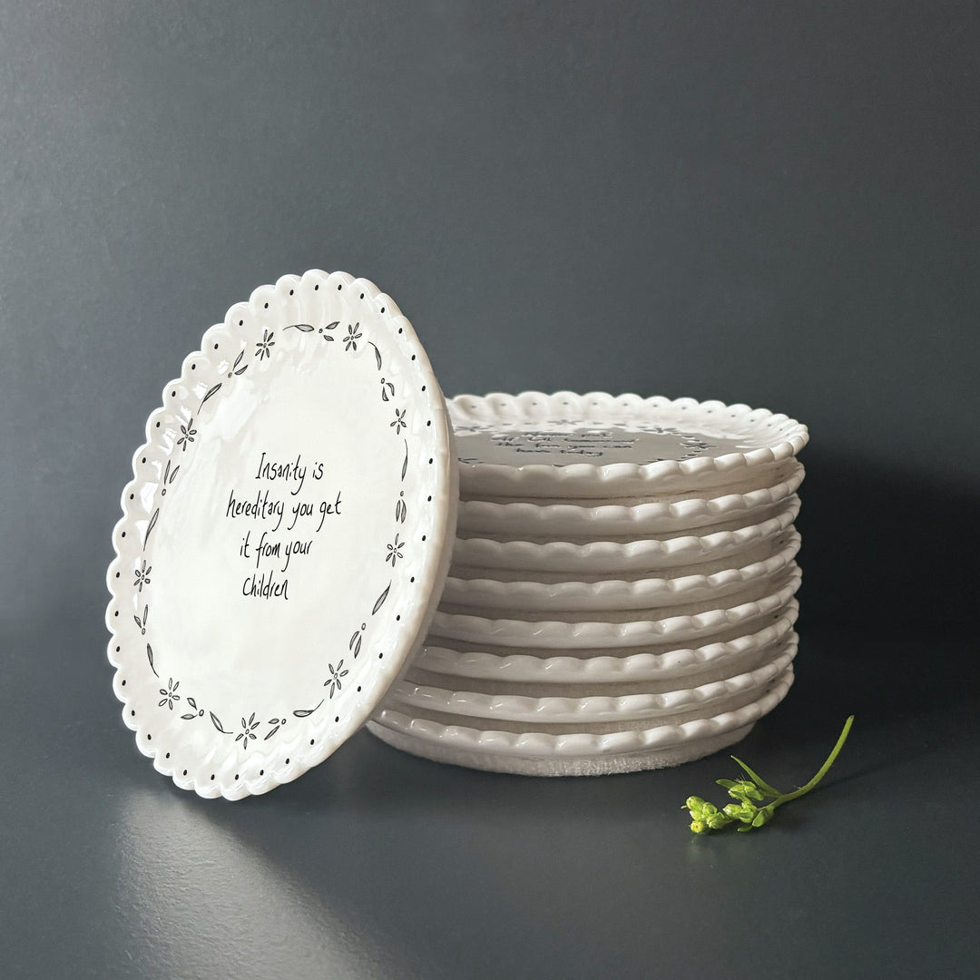 Porcelain Scallop Coaster, Insanity Is Hereditary | East of India coaster East of India Porcelain Scallop Coaster - Insanity Is Hereditary
