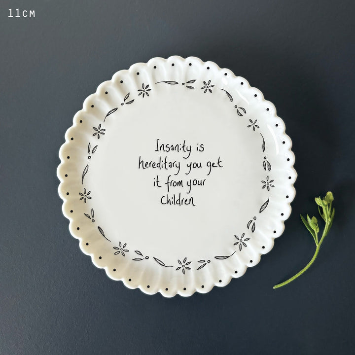 Porcelain Scallop Coaster, Insanity Is Hereditary | East of India coaster East of India Porcelain Scallop Coaster - Insanity Is Hereditary