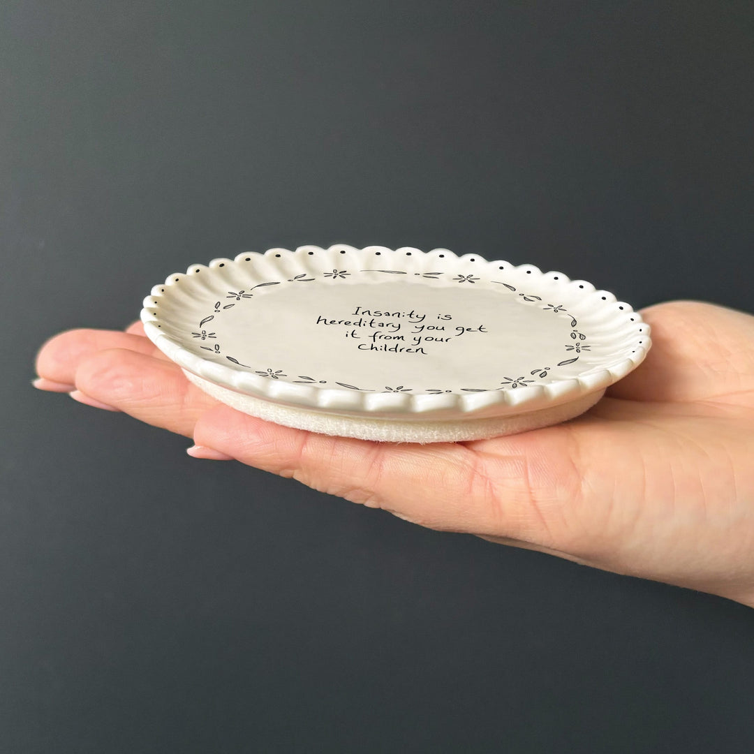 Porcelain Scallop Coaster, Insanity Is Hereditary | East of India coaster East of India Porcelain Scallop Coaster - Insanity Is Hereditary