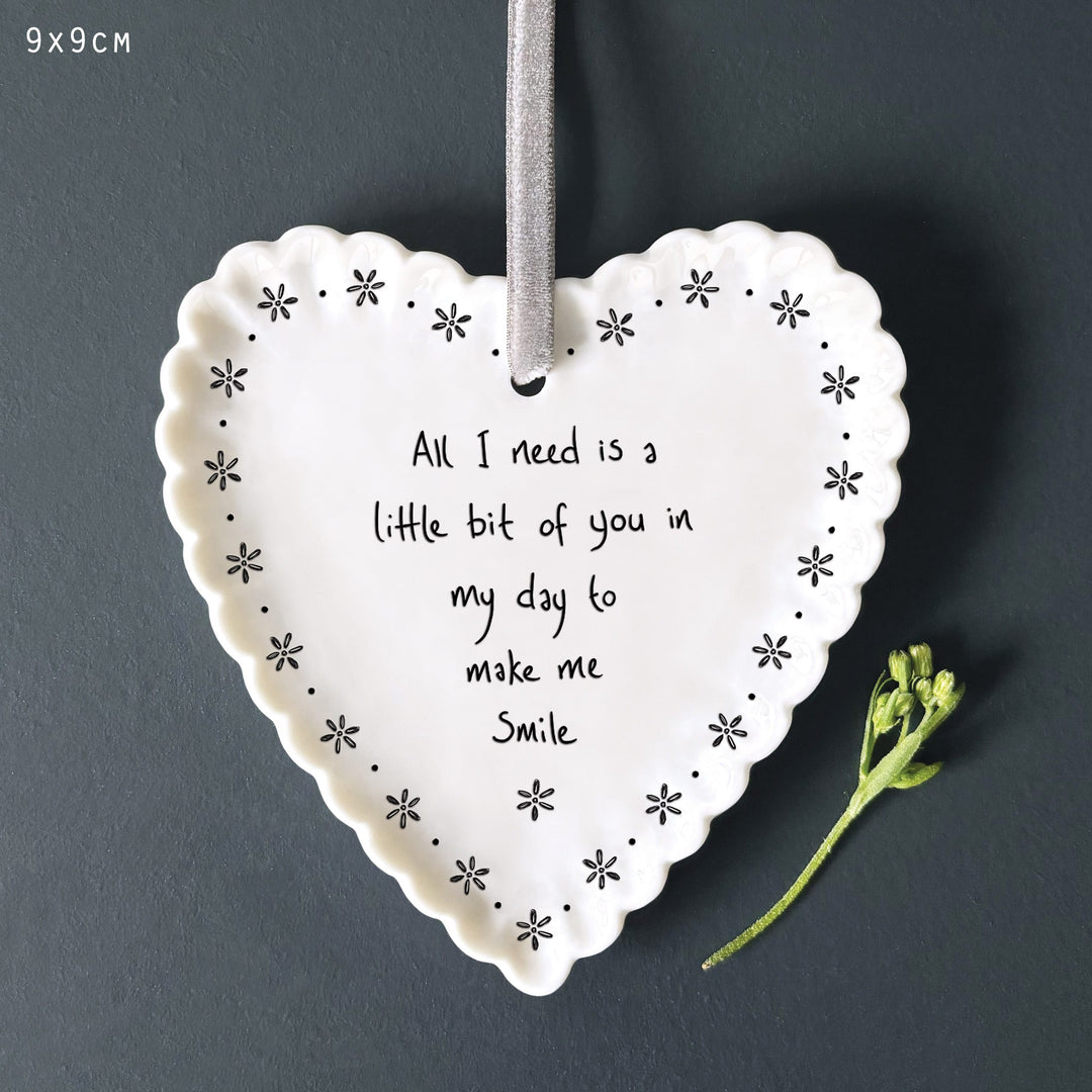 Porcelain Scallop Hanging Heart, All I Need Is | East of India Hanging Decoration East of India Porcelain Scallop Hanging Heart - All I Need Is
