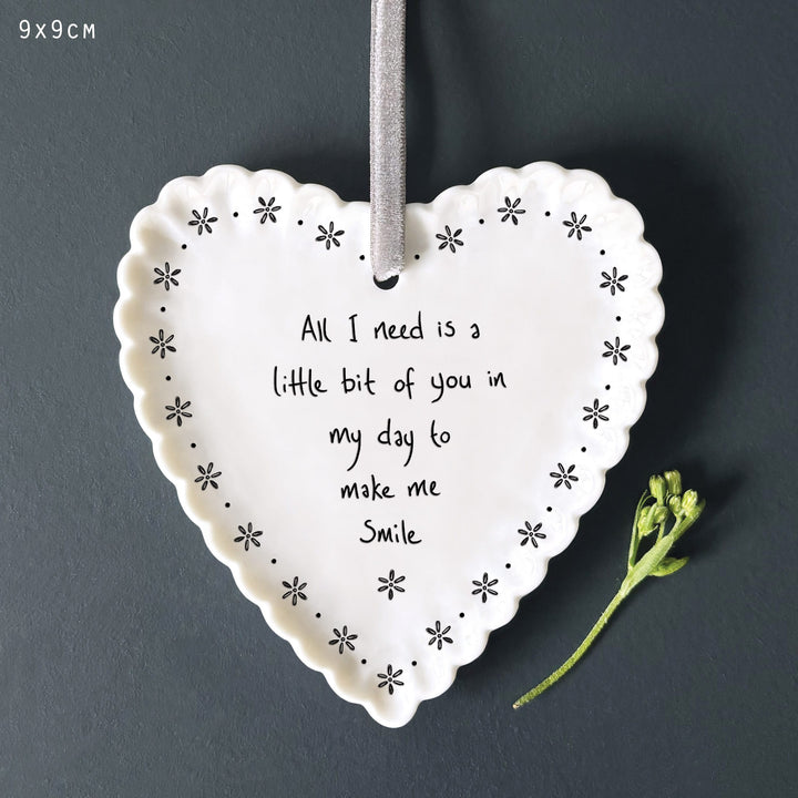 Porcelain Scallop Hanging Heart, All I Need Is | East of India Hanging Decoration East of India Porcelain Scallop Hanging Heart - All I Need Is