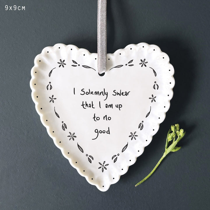 Porcelain Scallop Hanging Heart, Solemnly Swear | East of India Hanging Decoration East of India Porcelain Scallop Hanging Heart - Solemnly Swear