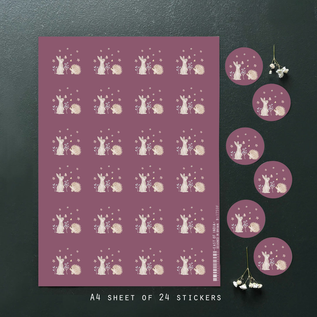 Rabbit &amp; Hedgehog Sticker Sheet, 24 Stickers | East of India Stationery East of India Sticker Sheet - Rabbit &amp; Hedgehog, 24 Stickers