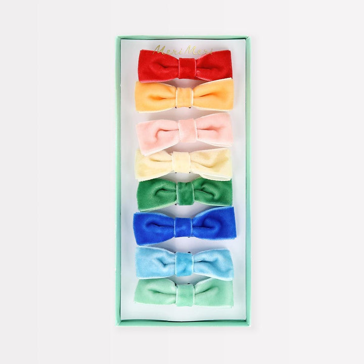 Rainbow Velvet Bow Hair Clips x 8 | Meri Meri Hair Accessories Party Accessories Rainbow Velvet Bow Hair Clips x 8