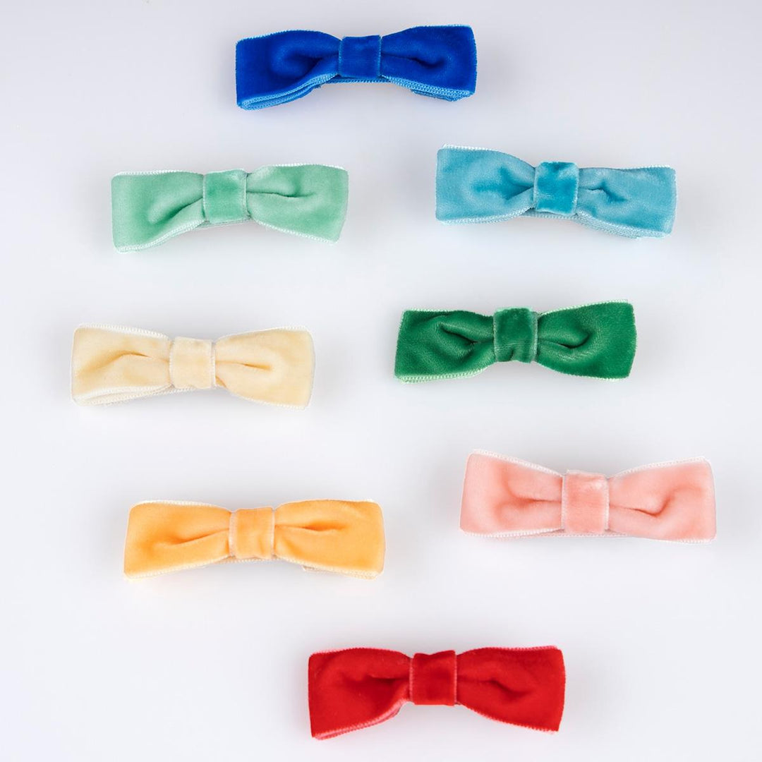 Rainbow Velvet Bow Hair Clips x 8 | Meri Meri Hair Accessories Party Accessories Rainbow Velvet Bow Hair Clips x 8