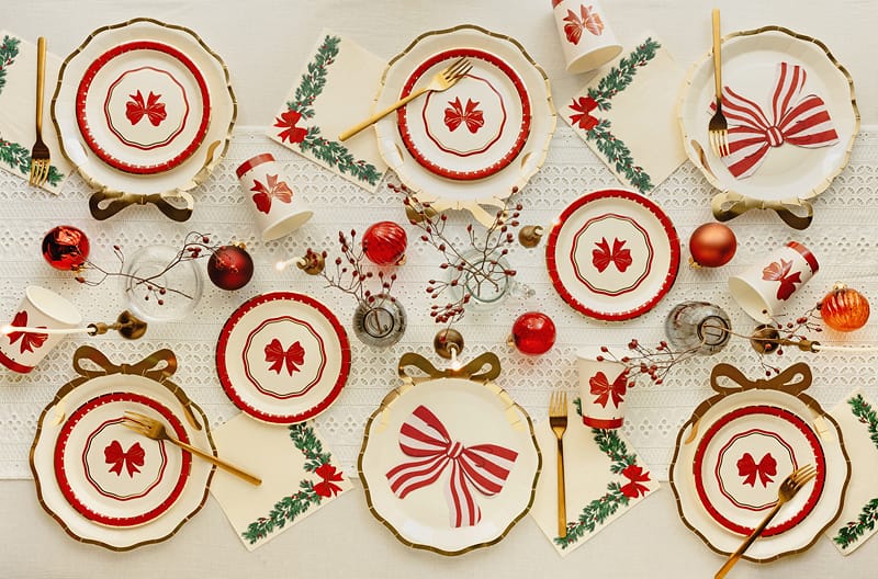 Red &amp; Beige Bow Christmas Party Cups x 6 - Vintage Christmas Cups Disposable Cups Red Bow Vintage Christmas Party Cups x 6