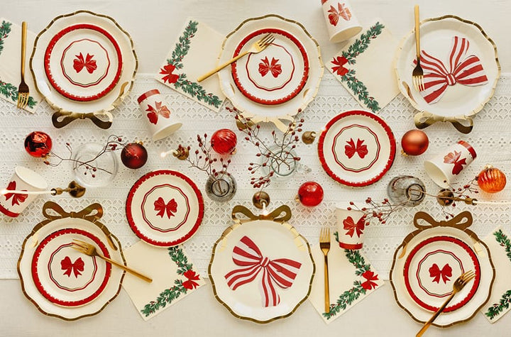 Red &amp; Beige Bow Christmas Party Cups x 6 - Vintage Christmas Cups Disposable Cups Red Bow Vintage Christmas Party Cups x 6