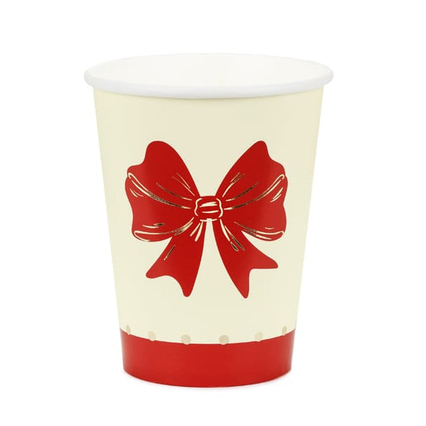Red & Beige Bow Christmas Party Cups x 6 - Vintage Christmas Cups Disposable Cups Red Bow Vintage Christmas Party Cups x 6