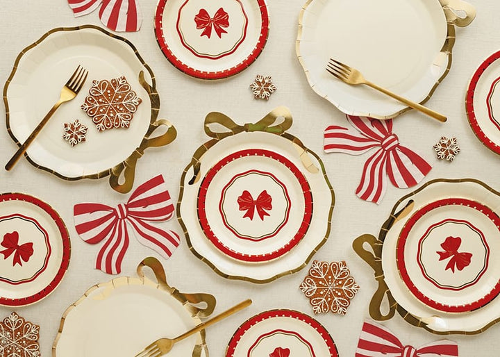 Red &amp; Beige Bow Christmas Party Plates x 6 - Vintage Christmas Plates Disposable Plates Red Bow Vintage Christmas Party Plates x 6