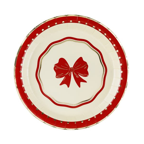 Red & Beige Bow Christmas Party Plates x 6 - Vintage Christmas Plates Disposable Plates Red Bow Vintage Christmas Party Plates x 6