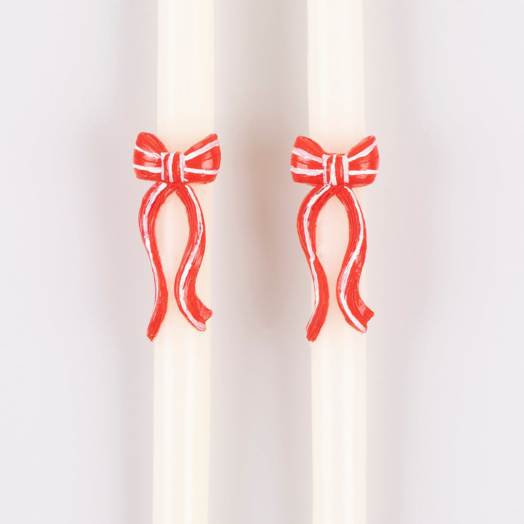 Red Stripy Bow Christmas Table Candles x 2 | Meri Meri Christmas Candles Candle Red Stripy Bow Christmas Table Candles x 2