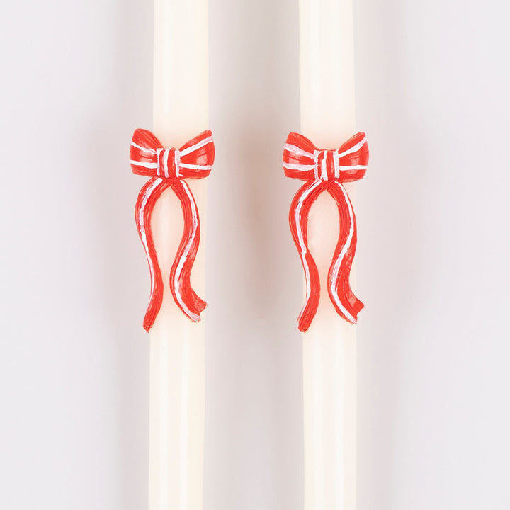 Red Stripy Bow Christmas Table Candles x 2 | Meri Meri Christmas Candles Candle Red Stripy Bow Christmas Table Candles x 2