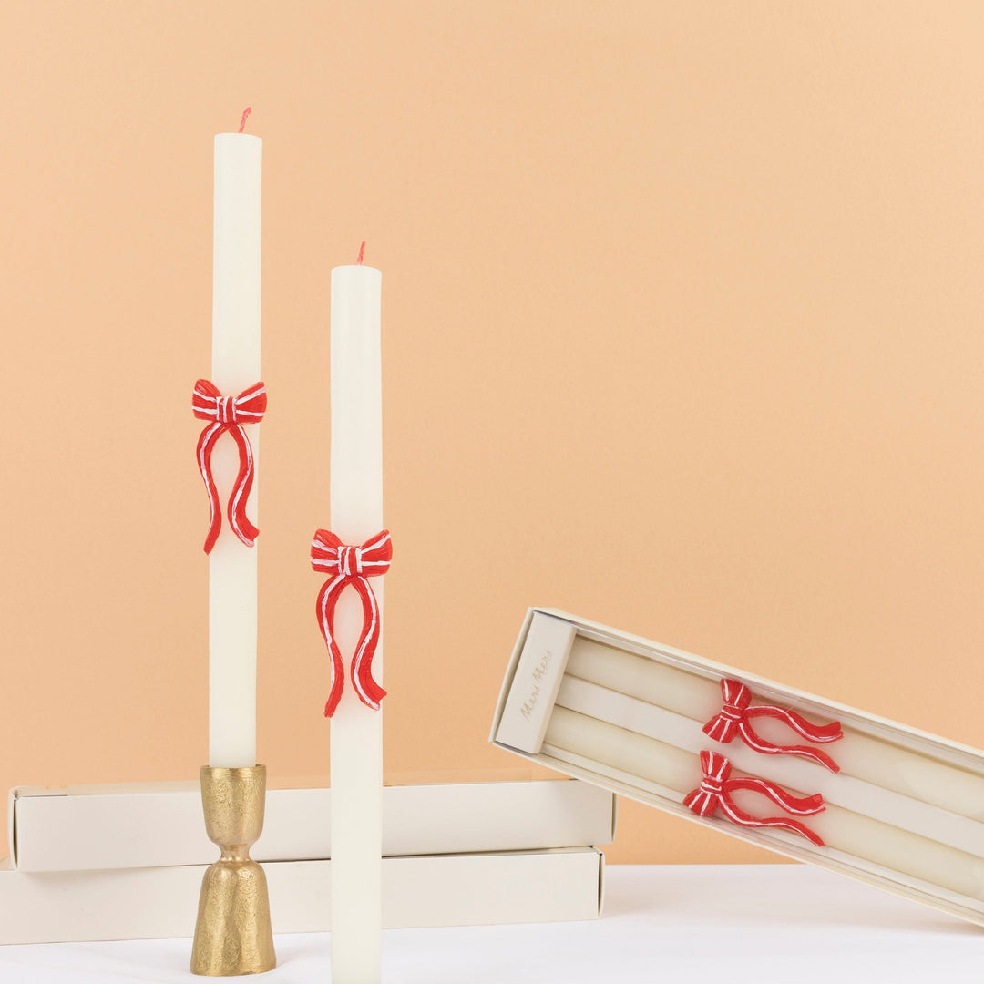 Red Stripy Bow Christmas Table Candles x 2 | Meri Meri Christmas Candles Candle Red Stripy Bow Christmas Table Candles x 2