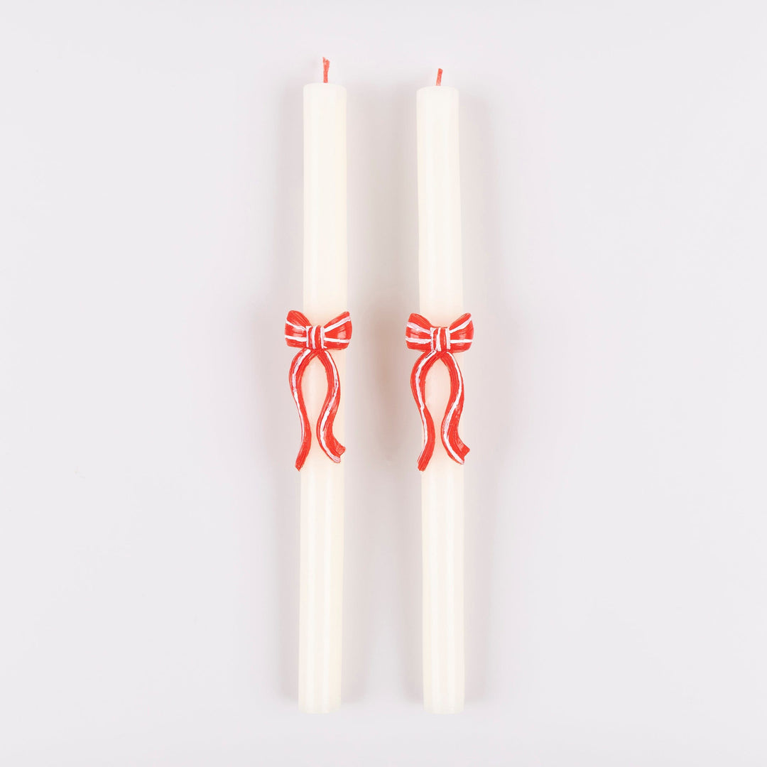 Red Stripy Bow Christmas Table Candles x 2 | Meri Meri Christmas Candles Candle Red Stripy Bow Christmas Table Candles x 2