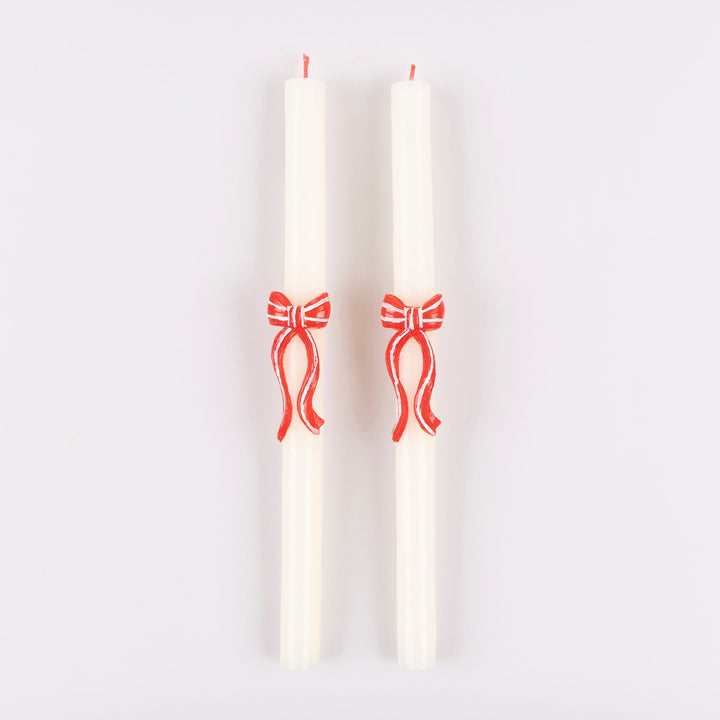 Red Stripy Bow Christmas Table Candles x 2 | Meri Meri Christmas Candles Candle Red Stripy Bow Christmas Table Candles x 2