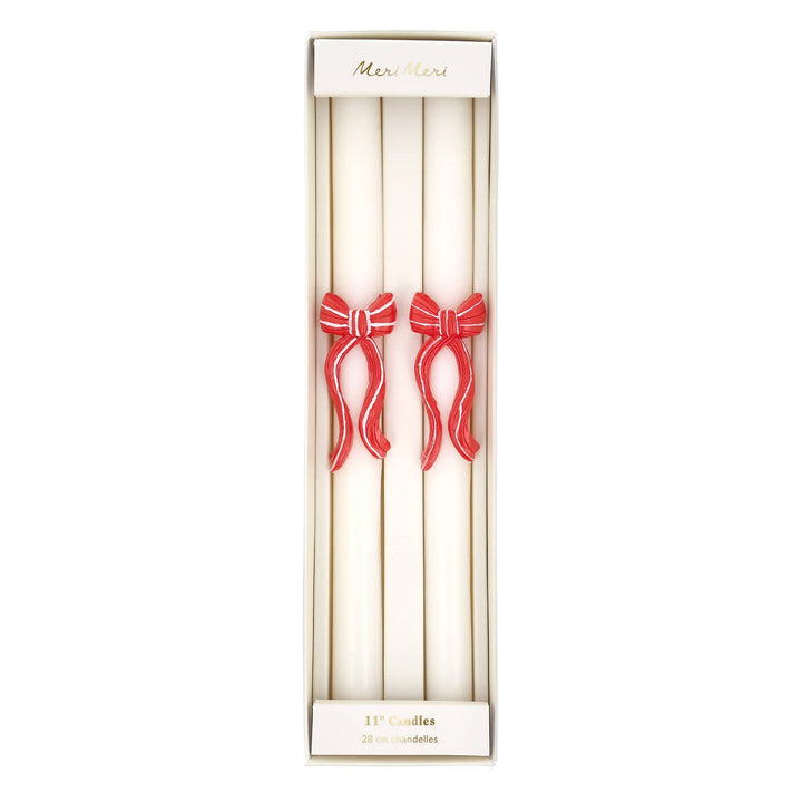 Red Stripy Bow Christmas Table Candles x 2 | Meri Meri Christmas Candles Candle Red Stripy Bow Christmas Table Candles x 2