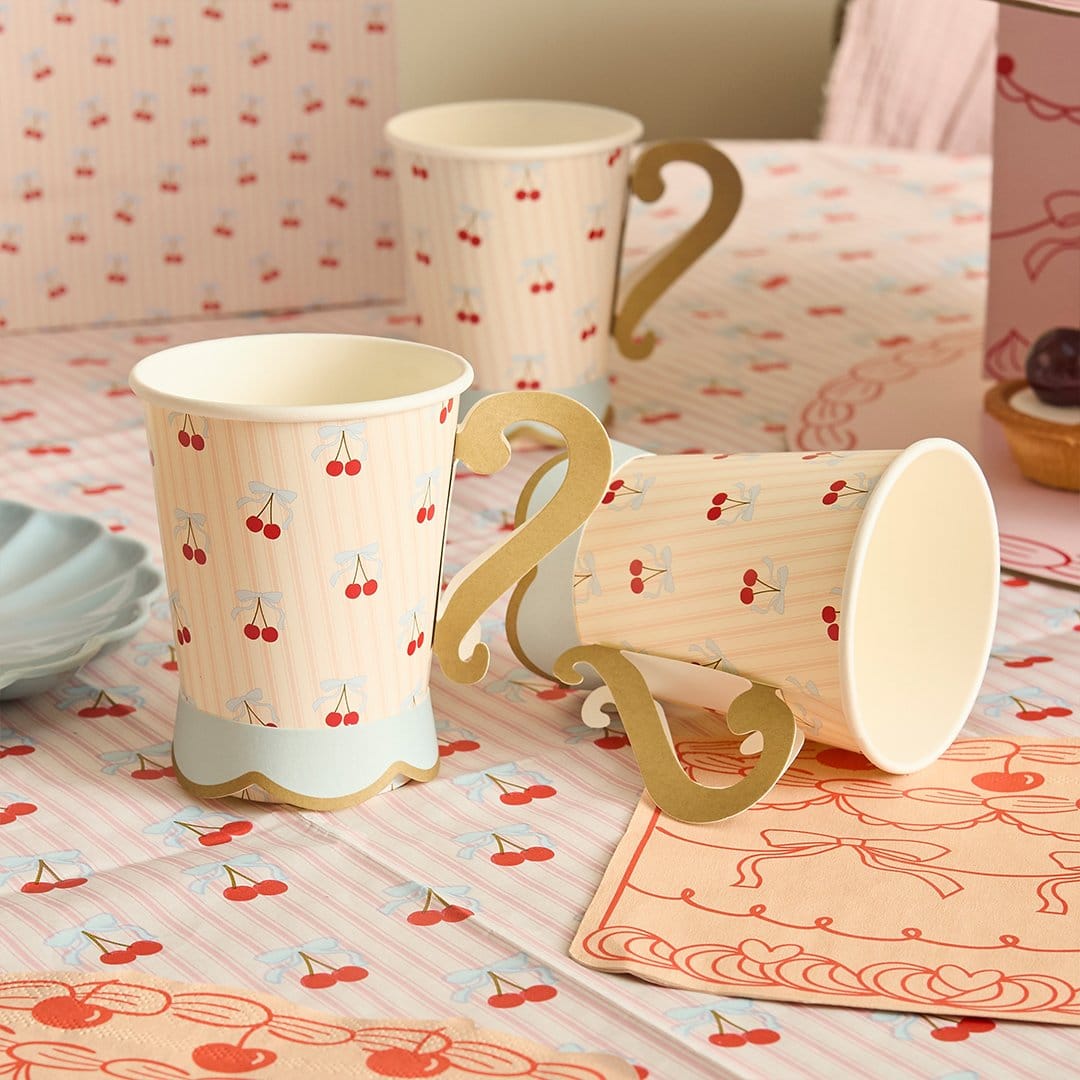 Rococo Cherries Tea Cup Party Cups - Cherry Tableware x 8 Disposable Cups Rococo Cherries Party Cups x 8