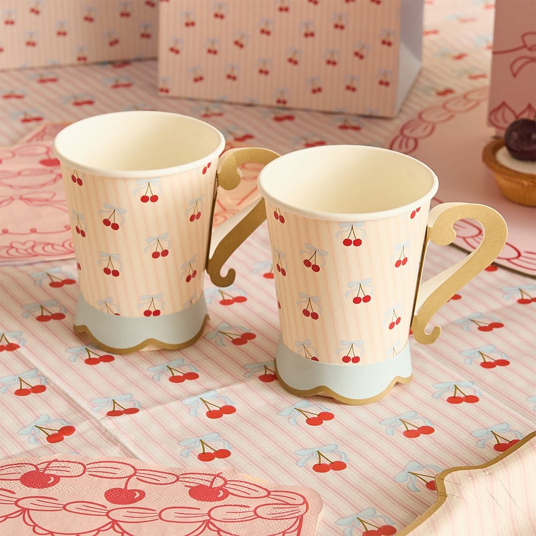 Rococo Cherries Tea Cup Party Cups - Cherry Tableware x 8 Disposable Cups Rococo Cherries Party Cups x 8
