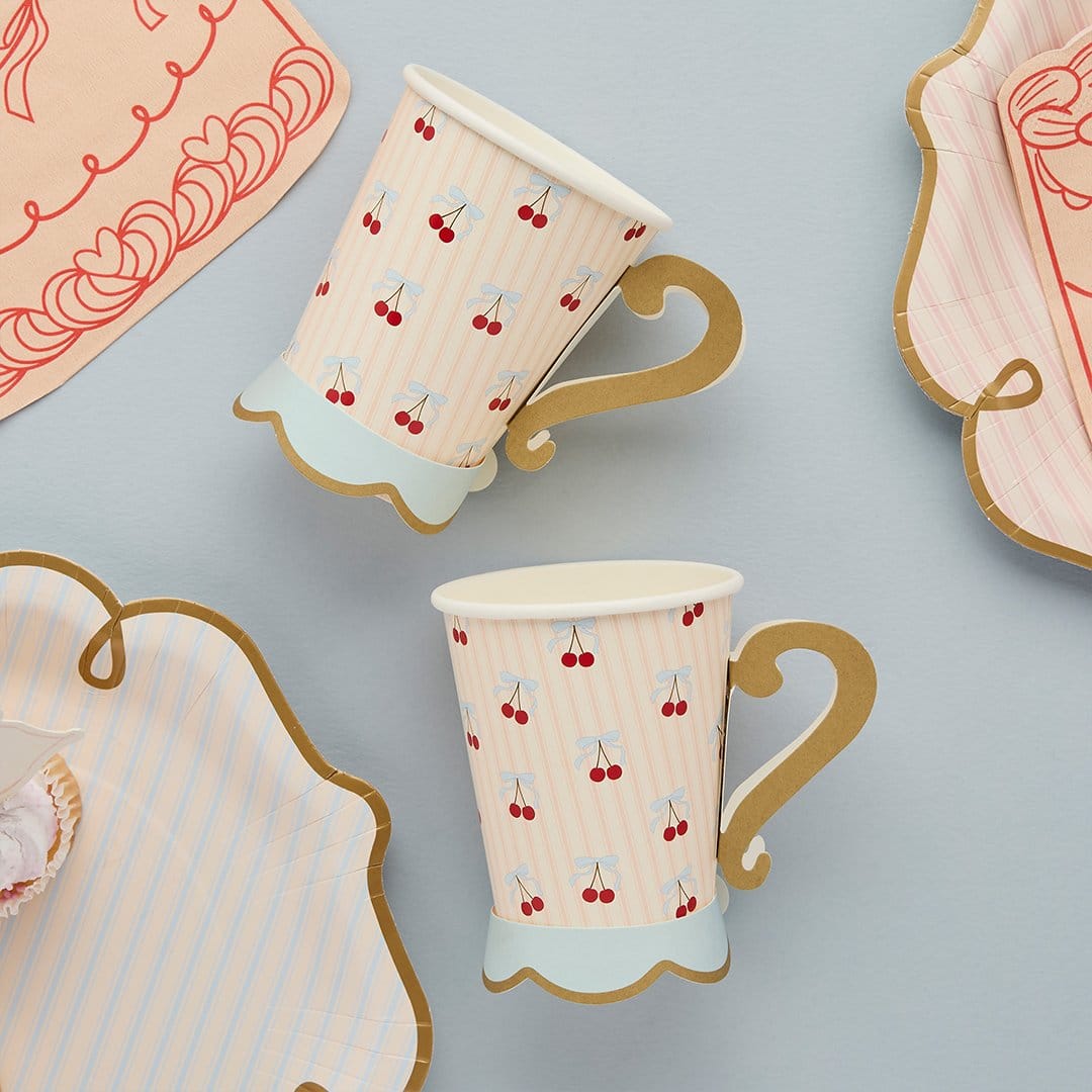 Rococo Cherries Tea Cup Party Cups - Cherry Tableware x 8 Disposable Cups Rococo Cherries Party Cups x 8