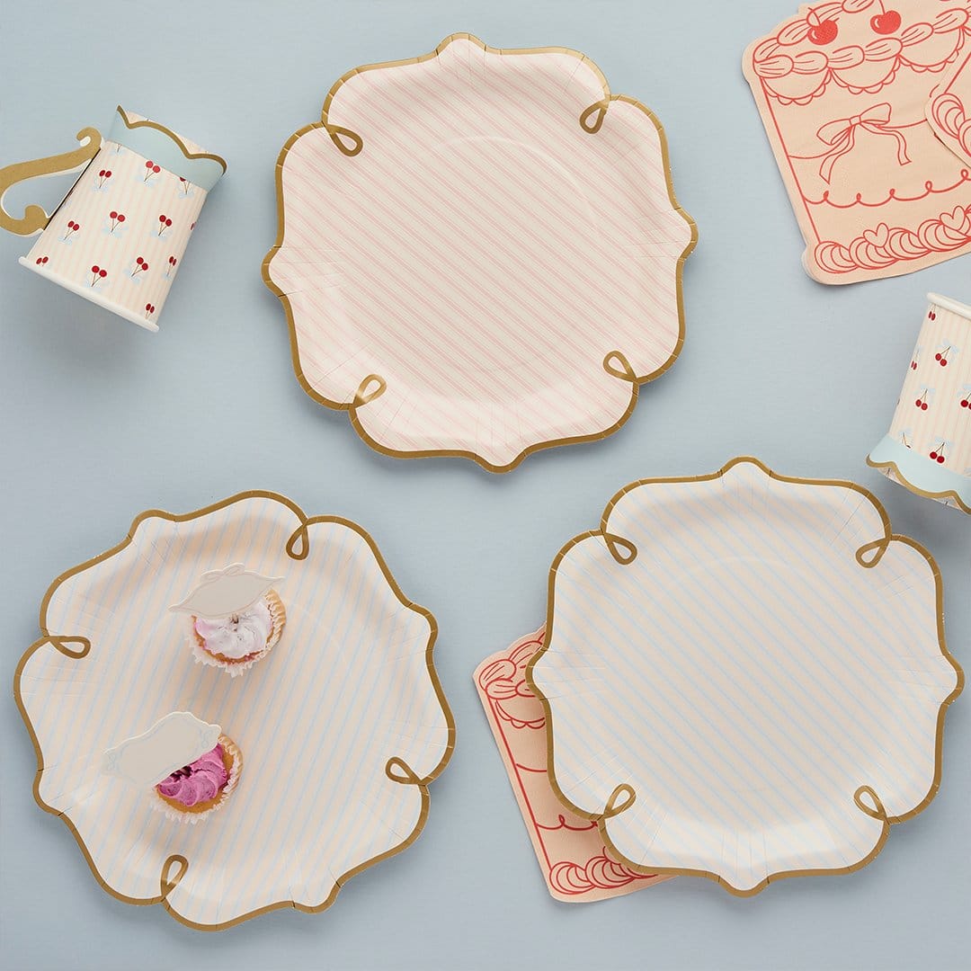 Rococo Striped Paper Plates Pink - Cherry Party Tableware x 8 Disposable Plates Rococo Cherries Striped Paper Plates - Pack of 8