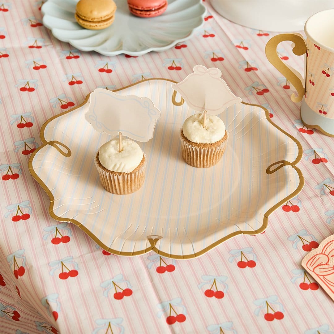 Rococo Striped Paper Plates Pink - Cherry Party Tableware x 8 Disposable Plates Rococo Cherries Striped Paper Plates - Pack of 8