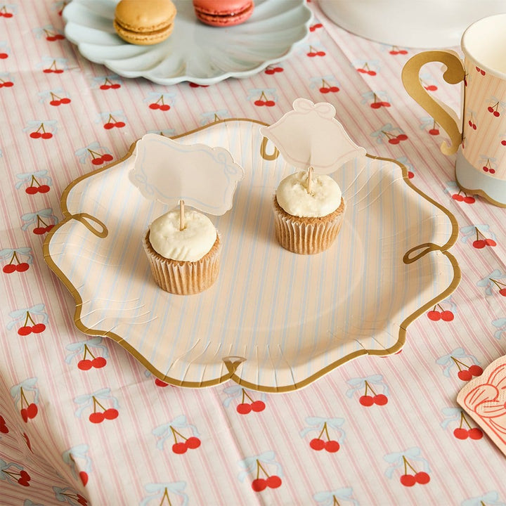 Rococo Striped Paper Plates Pink - Cherry Party Tableware x 8 Disposable Plates Rococo Cherries Striped Paper Plates - Pack of 8