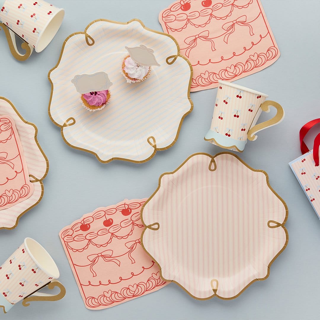 Rococo Striped Paper Plates Pink - Cherry Party Tableware x 8 Disposable Plates Rococo Cherries Striped Paper Plates - Pack of 8