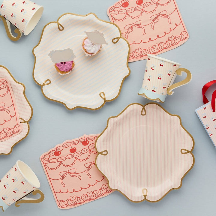Rococo Striped Paper Plates Pink - Cherry Party Tableware x 8 Disposable Plates Rococo Cherries Striped Paper Plates - Pack of 8