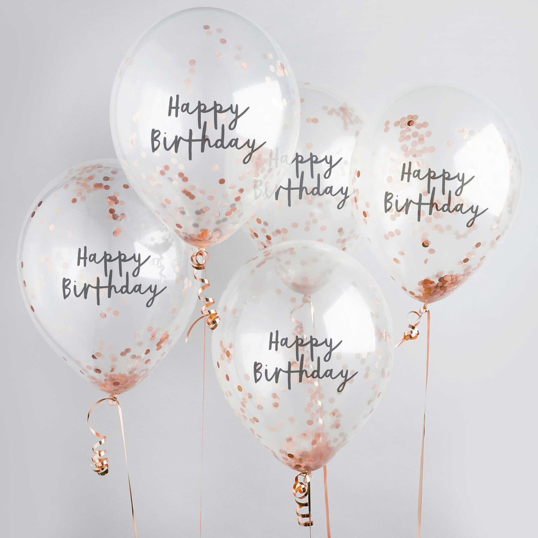Rose Gold Happy Birthday Confetti Balloons x 5 Balloons Rose Gold Happy Birthday Confetti Balloons x 5