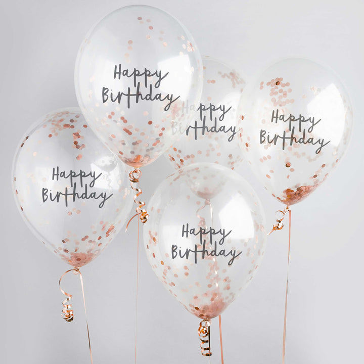 Rose Gold Happy Birthday Confetti Balloons x 5 Balloons Rose Gold Happy Birthday Confetti Balloons x 5