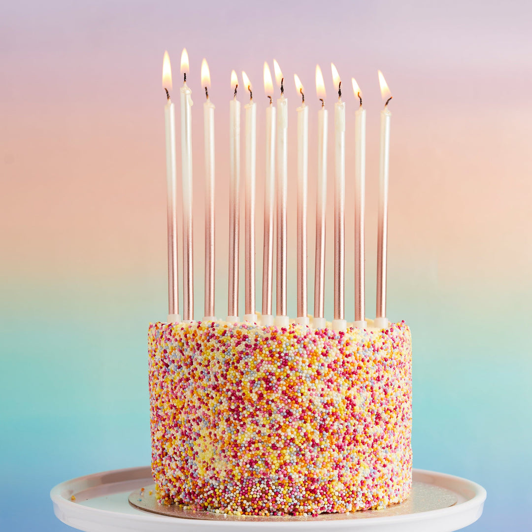 Rose Gold Ombre Tall Skinny Candles - Pack of 12 Party Supplies Rose Gold Ombre Tall Skinny Candles - Pack of 12