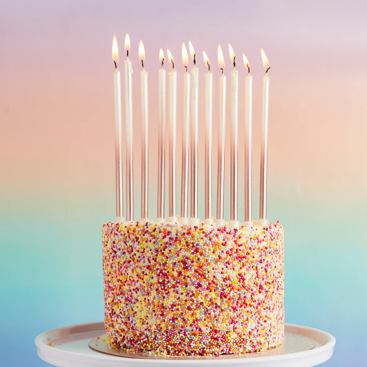 Rose Gold Ombre Tall Skinny Candles - Pack of 12 Party Supplies Rose Gold Ombre Tall Skinny Candles - Pack of 12
