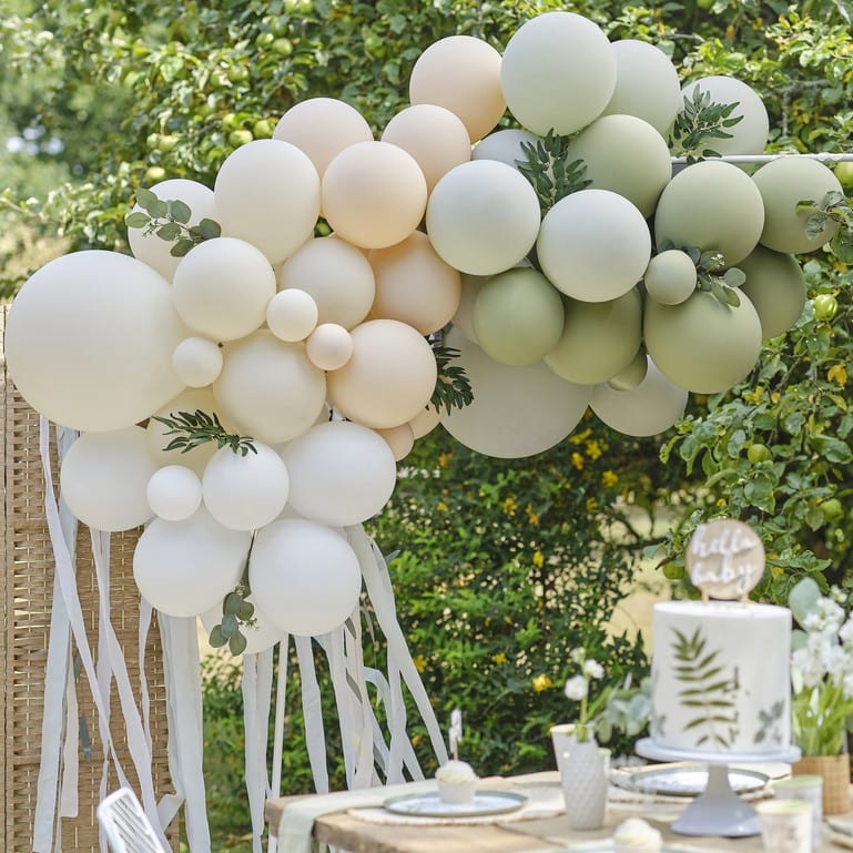 Sage Green Balloon Arch with Eucalyptus Foliage Balloon Kits Taupe, Peach & Sage Balloon Arch with Eucalyptus Foliage and Streamers