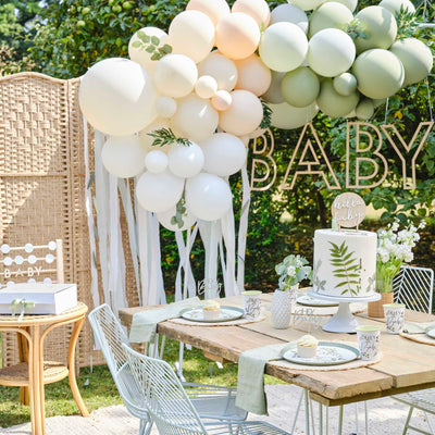 Sage Green Balloon Arch with Eucalyptus Foliage Balloon Kits Taupe, Peach & Sage Balloon Arch with Eucalyptus Foliage and Streamers