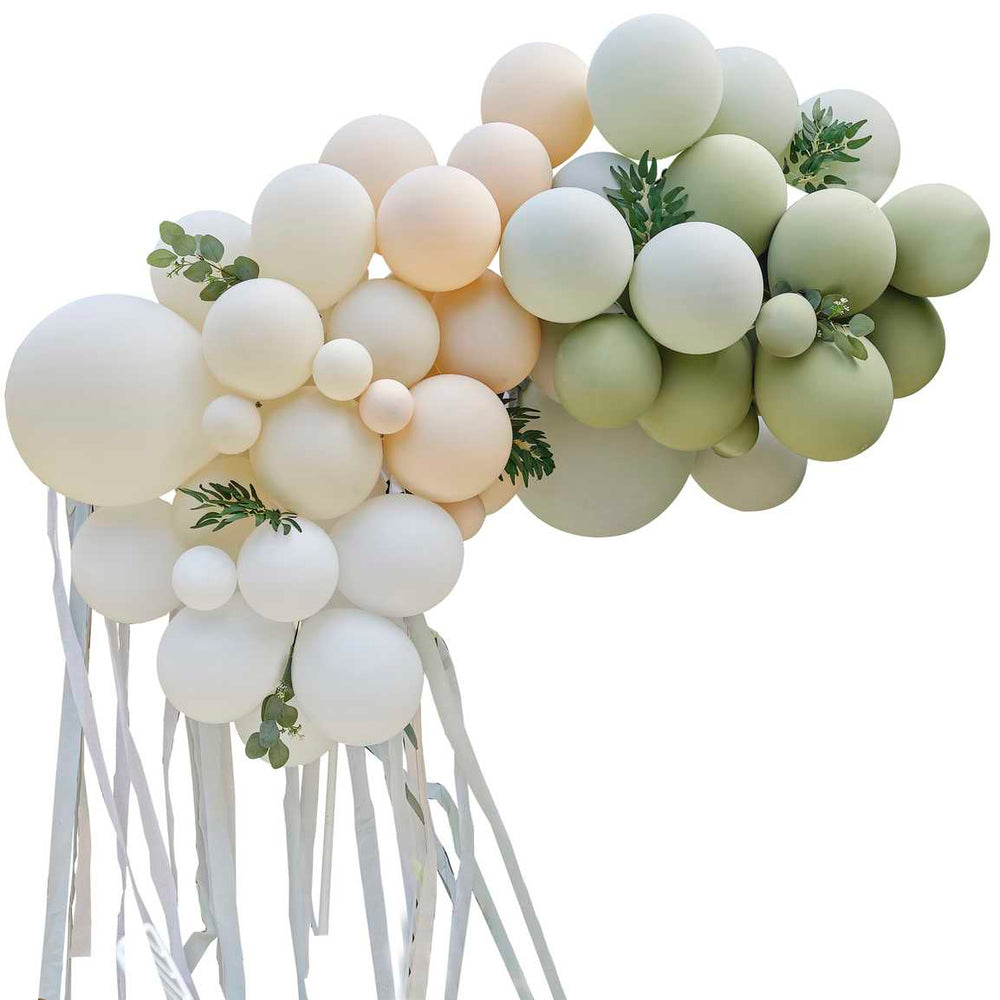 Sage Green Balloon Arch with Eucalyptus Foliage Balloon Kits Taupe, Peach & Sage Balloon Arch with Eucalyptus Foliage and Streamers