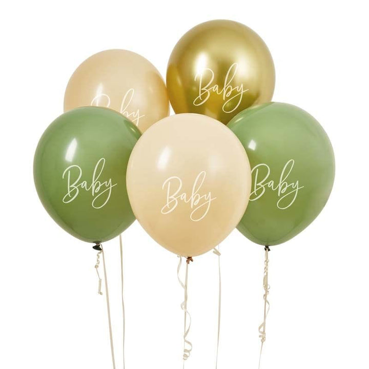 Sage Green, Nude & Gold Baby Shower Balloons x 5 Balloons Sage Green, Nude & Gold Baby Shower Balloons x 5