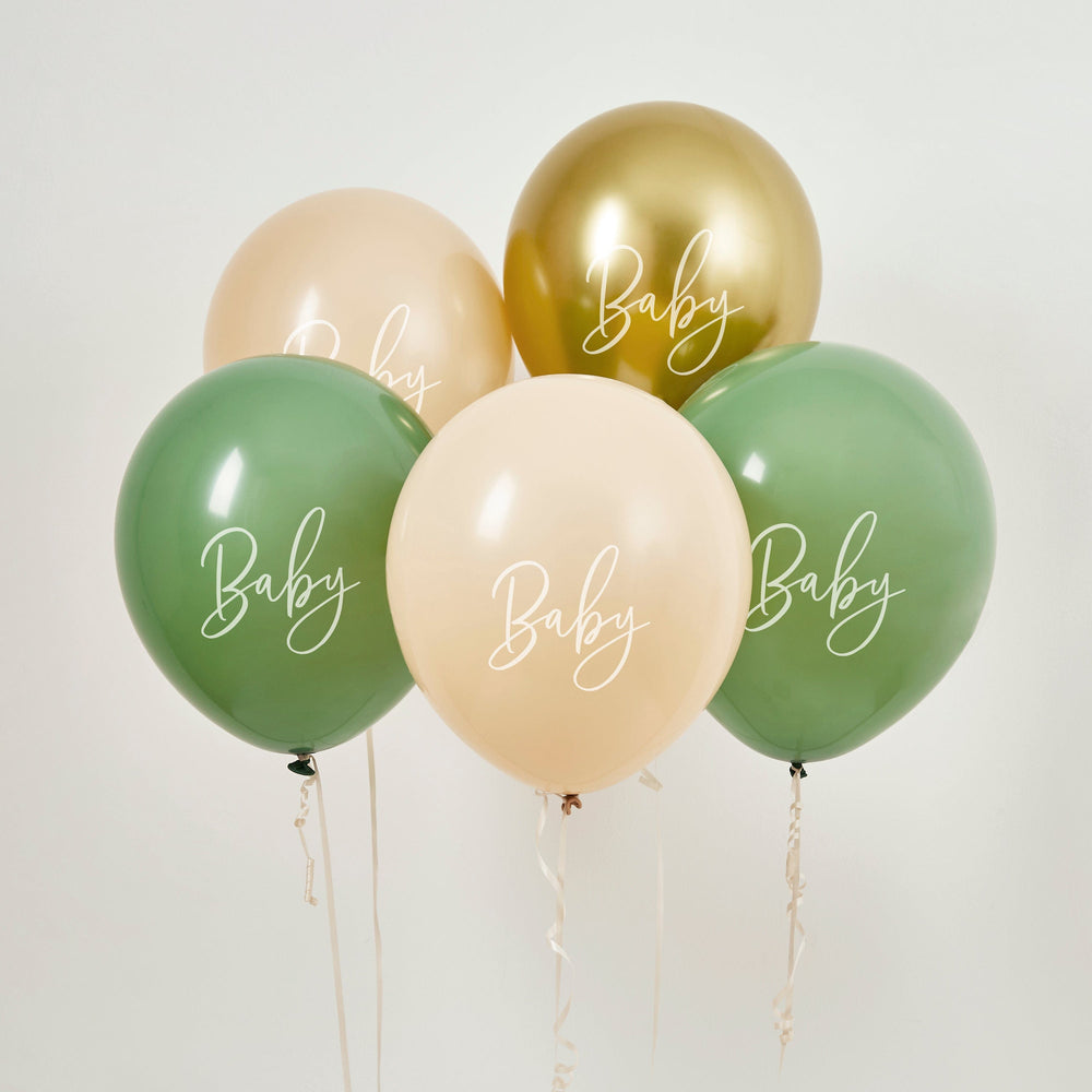 Sage Green, Nude & Gold Baby Shower Balloons x 5 Balloons Sage Green, Nude & Gold Baby Shower Balloons x 5