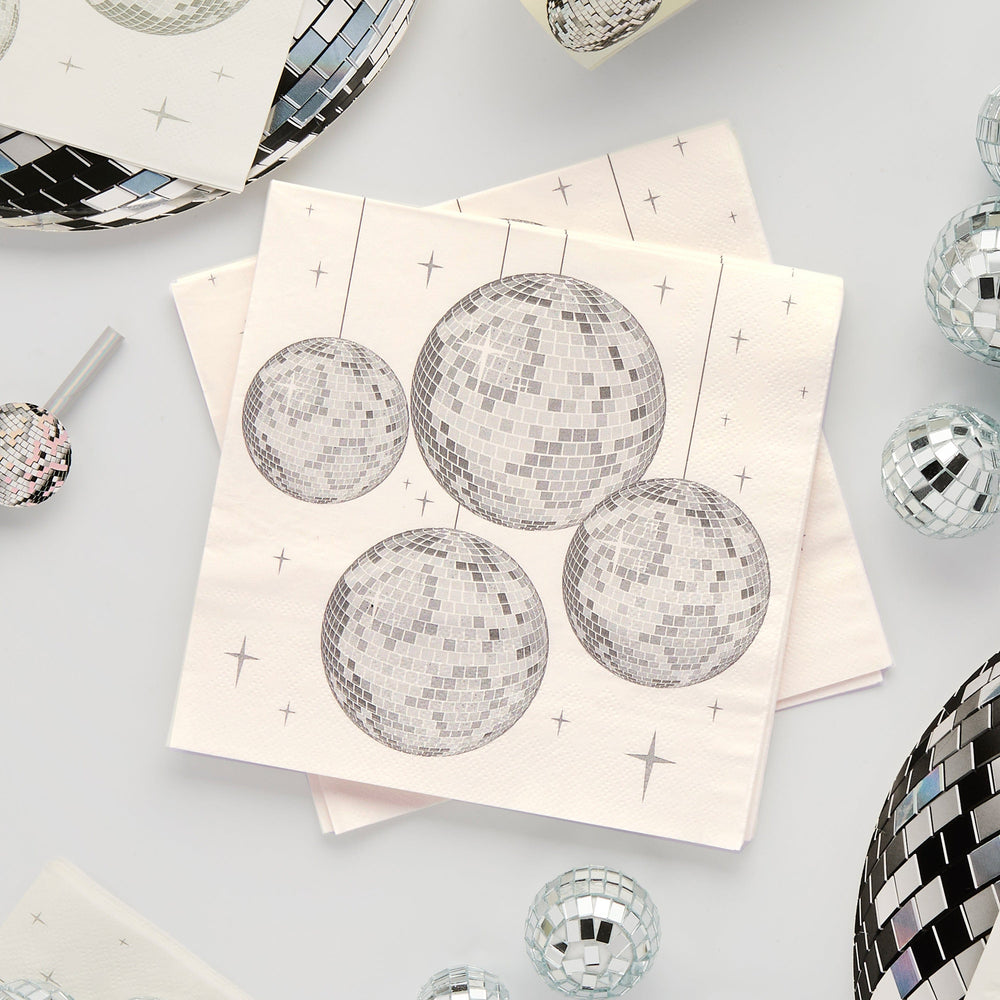 Silver Disco Ball Paper Napkins (Set of 16) - Disco Party Supplies Paper Napkins Silver Disco Ball Paper Napkins x 16
