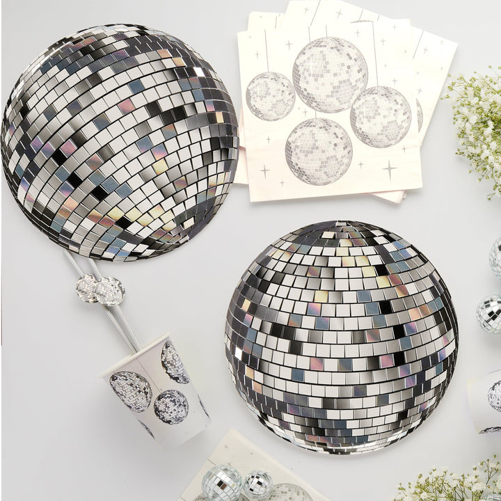 Silver Disco Ball Paper Plates (Set of 8) - Disco Party Supplies Disposable Plates Silver Disco Ball Paper Plates x 8