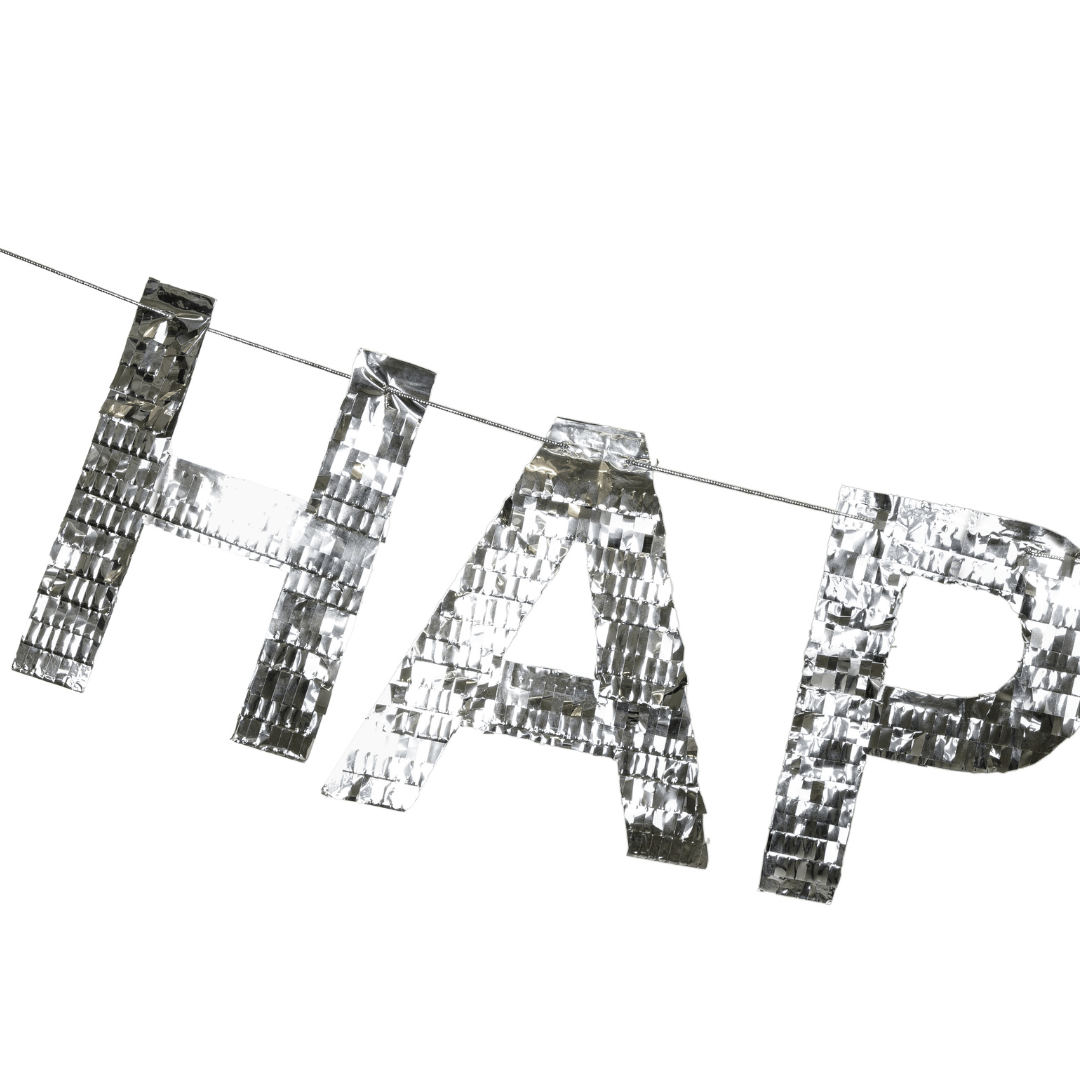 Silver Foil Happy Birthday Banner - Silver Party Supplies Bunting Happy Birthday Banner - Silver Foil