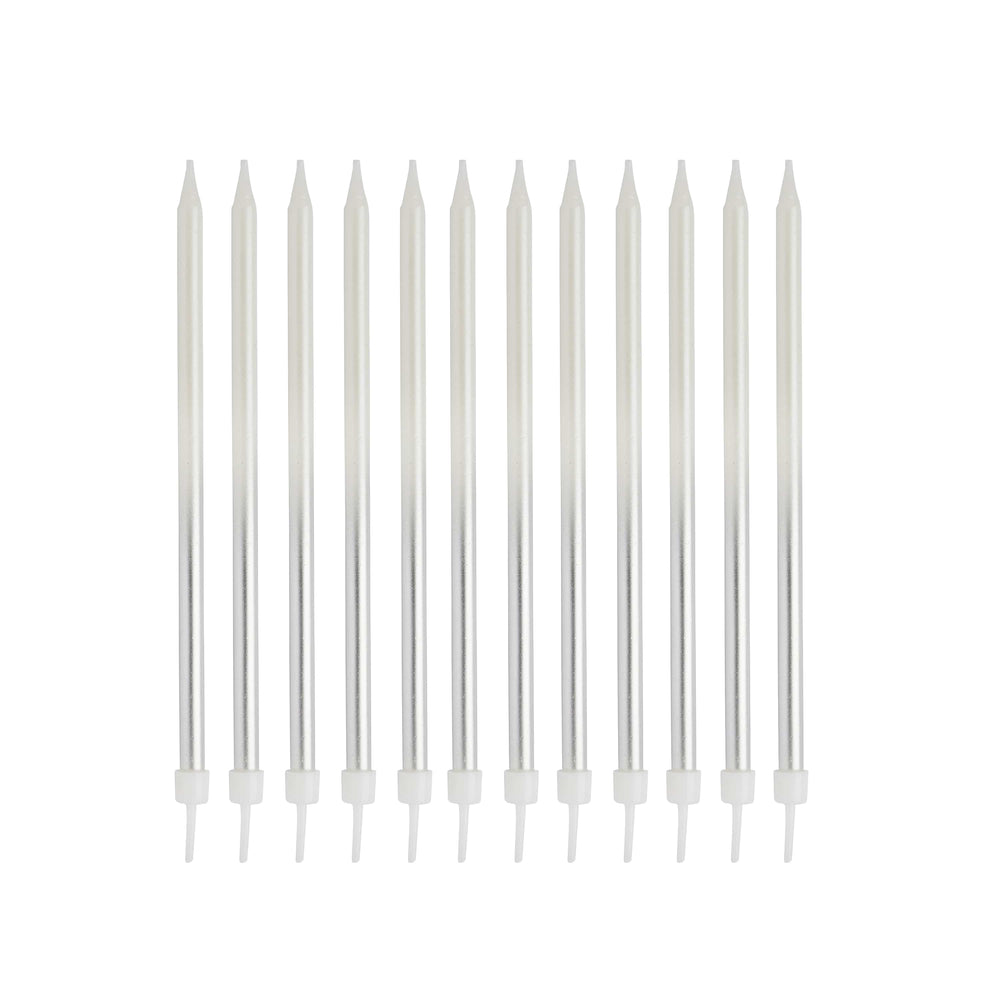 Silver Ombre Tall Skinny Candles - Pack of 12 - Silver Party Supplies Birthday Candles Silver Ombre Tall Skinny Candles - Pack of 12