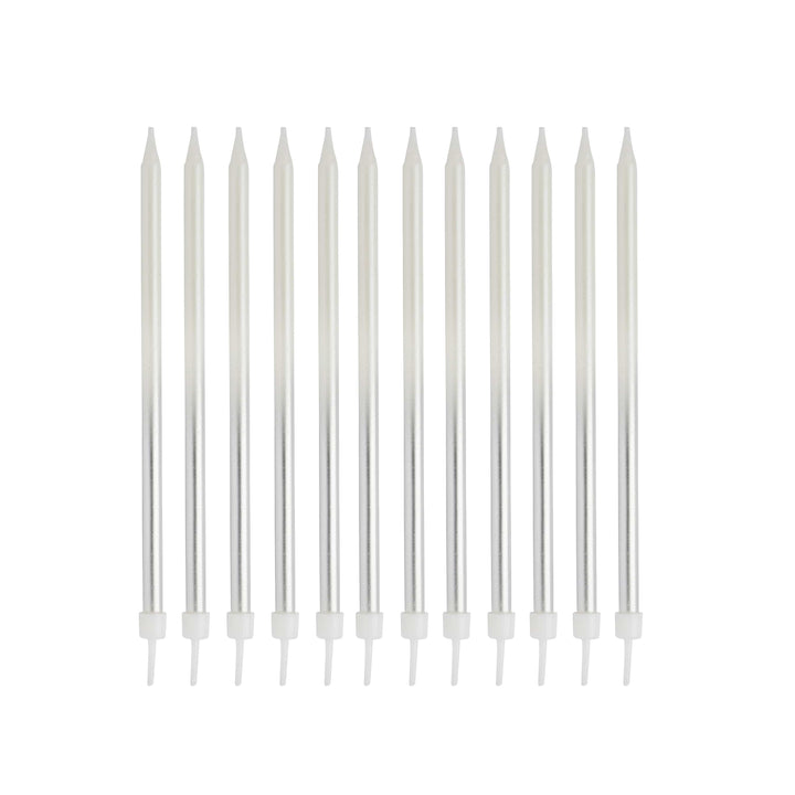 Silver Ombre Tall Skinny Candles - Pack of 12 - Silver Party Supplies Birthday Candles Silver Ombre Tall Skinny Candles - Pack of 12