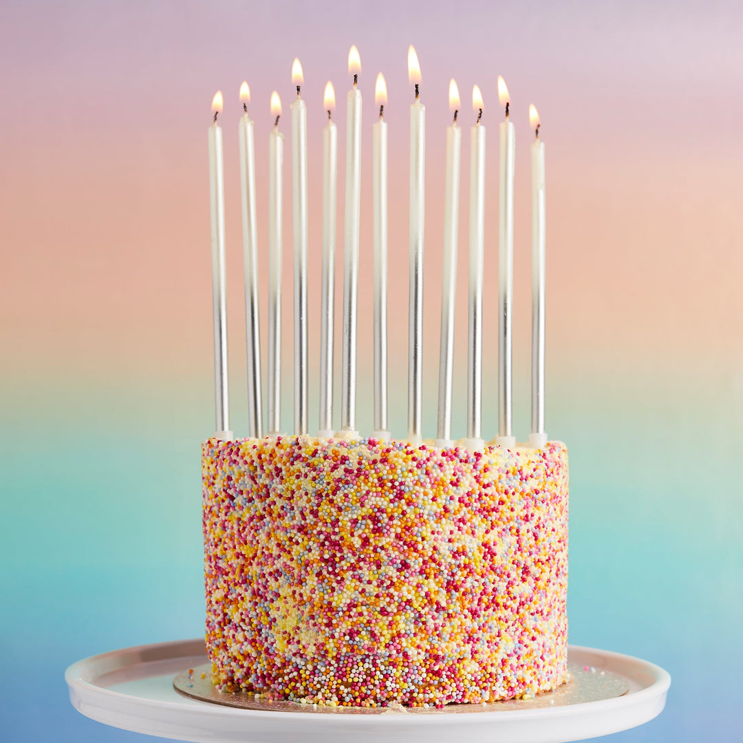Silver Ombre Tall Skinny Candles - Pack of 12 - Silver Party Supplies Birthday Candles Silver Ombre Tall Skinny Candles - Pack of 12