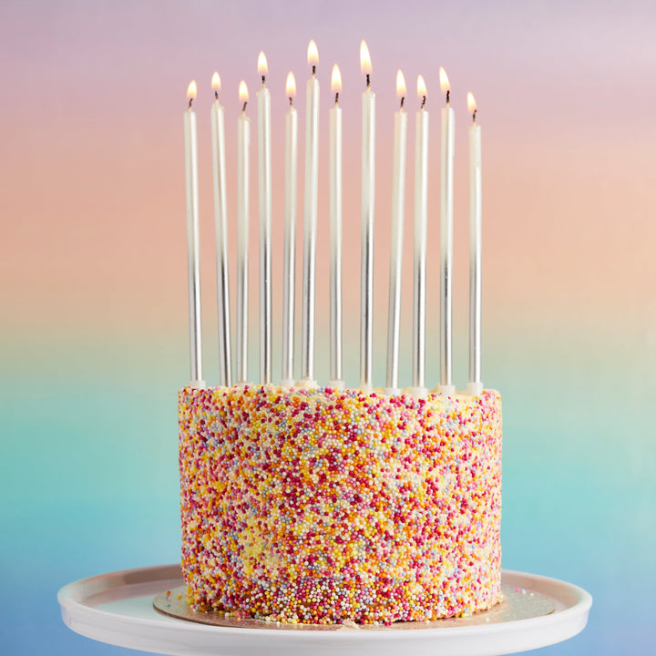 Silver Ombre Tall Skinny Candles - Pack of 12 - Silver Party Supplies Birthday Candles Silver Ombre Tall Skinny Candles - Pack of 12
