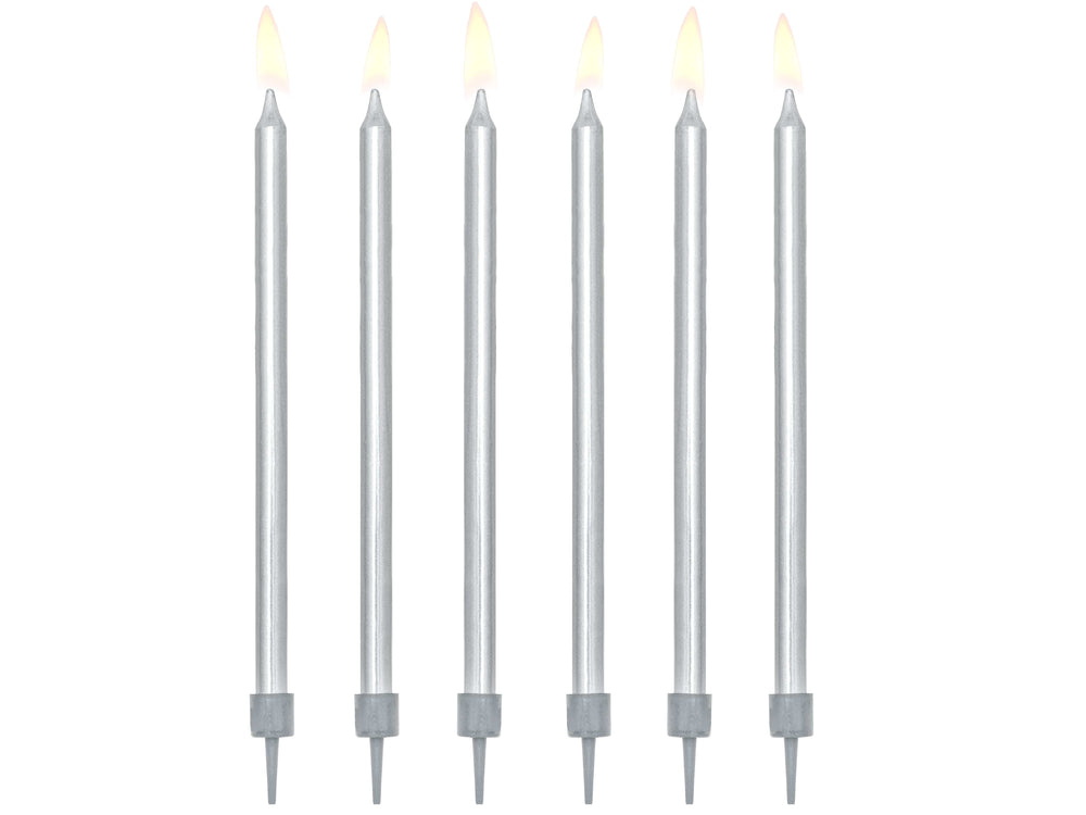 Silver Tall Birthday Cake Candles x 12 - Silver Party Supplies Birthday Candles Silver Tall Birthday Cake Candles x 12